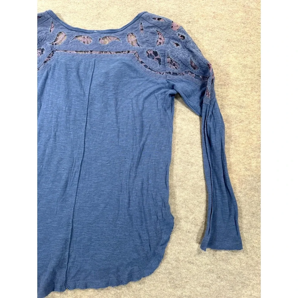 Free People Blouse Womens S Blue Viscose Paisley Lace Long Sleeve High Low Hem